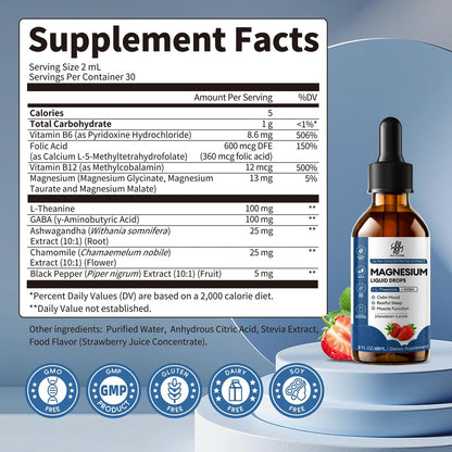 Liquid Magnesium Glycinate Drops für Schlafunterstützung & nächtliche Ruhe – Magnesiumtropfen mit Kamille, Ashwagandha, L-Theanin & GABA zur Entspannungsunterstützung, sanfte Absorption, Erdbeergeschmack, 60 ml