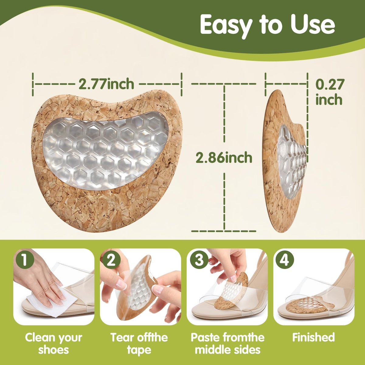 Metatarsal-Pads für Damen: Ballenpolster für hohe Schuhe, Silikon-Gel-Einlagen für ganztägigen Komfort, Schmerzlinderung & Unterstützung, waschbar & wiederverwendbar mit umweltfreundlichem Kork (4er-Pack, Korkbeige)