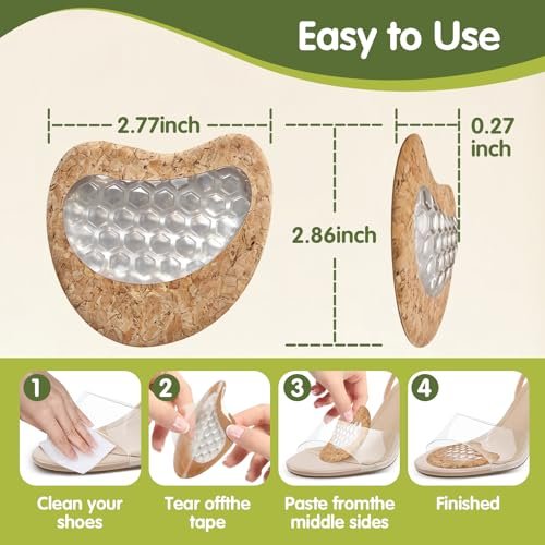 Metatarsal-Pads für Damen: Ballenpolster für hohe Schuhe, Silikon-Gel-Einlagen für ganztägigen Komfort, Schmerzlinderung & Unterstützung, waschbar & wiederverwendbar mit umweltfreundlichem Kork (4er-Pack, Korkbeige)
