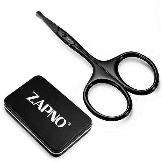 ZAPNO Nasenhaarschere für Damen und Herren – 9,5 cm gebogene Klingen mit abgerundeter Sicherheitsspitze, Edelstahl-Nasenhaarschere, Gesichtshaartrimmer für Schnurrbart und Augenbrauen (Schwarz)