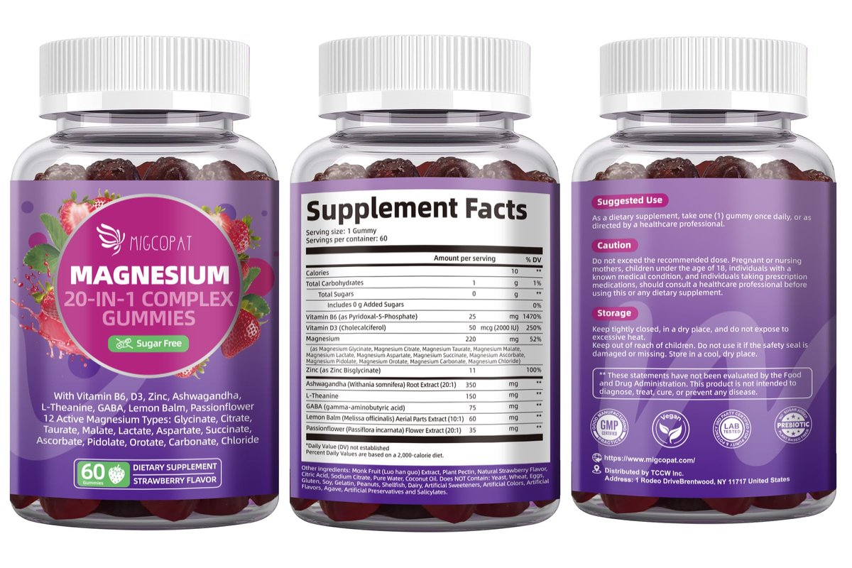 Migcopat Magnesium Komplex Gummis, 20-in-1 Magnesium Gummy mit Glycinat, Citrat, Malat, Taurat – Ashwagandha, L-Theanin, D3 & Zink für Entspannung, Schlaf, Muskel- und Herzunterstützung, Erdbeer, 60 Stück