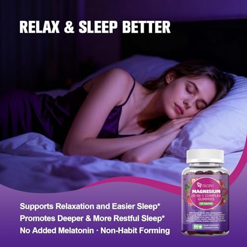 Migcopat Magnesium Komplex Gummis, 20-in-1 Magnesium Gummy mit Glycinat, Citrat, Malat, Taurat – Ashwagandha, L-Theanin, D3 & Zink für Entspannung, Schlaf, Muskel- und Herzunterstützung, Erdbeer, 60 Stück