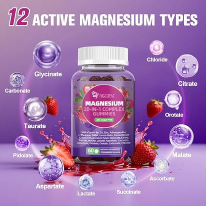 Migcopat Magnesium Komplex Gummis, 20-in-1 Magnesium Gummy mit Glycinat, Citrat, Malat, Taurat – Ashwagandha, L-Theanin, D3 & Zink für Entspannung, Schlaf, Muskel- und Herzunterstützung, Erdbeer, 60 Stück