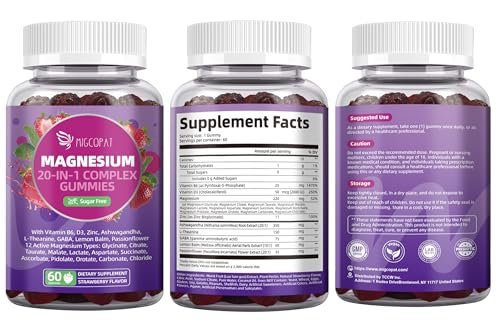 Migcopat Magnesium Komplex Gummis, 20-in-1 Magnesium Gummy mit Glycinat, Citrat, Malat, Taurat – Ashwagandha, L-Theanin, D3 & Zink für Entspannung, Schlaf, Muskel- und Herzunterstützung, Erdbeer, 60 Stück