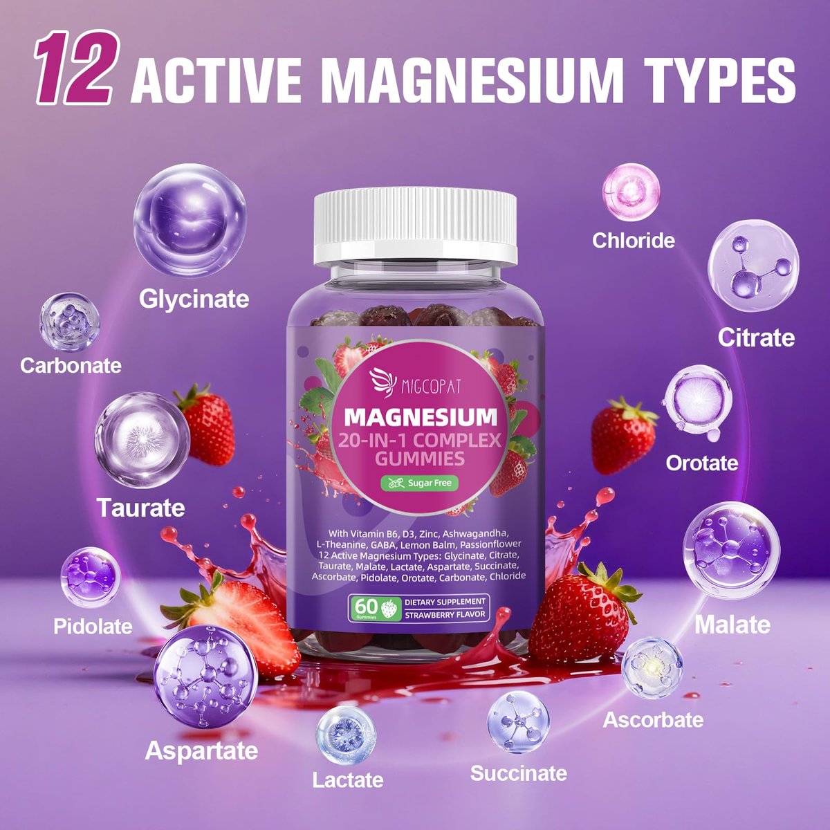 Migcopat Magnesium Komplex Gummis, 20-in-1 Magnesium Gummy mit Glycinat, Citrat, Malat, Taurat – Ashwagandha, L-Theanin, D3 & Zink für Entspannung, Schlaf, Muskel- und Herzunterstützung, Erdbeer, 60 Stück