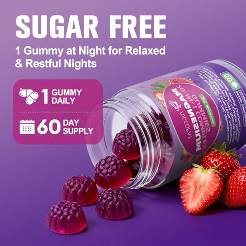 Migcopat Magnesium Komplex Gummis, 20-in-1 Magnesium Gummy mit Glycinat, Citrat, Malat, Taurat – Ashwagandha, L-Theanin, D3 & Zink für Entspannung, Schlaf, Muskel- und Herzunterstützung, Erdbeer, 60 Stück