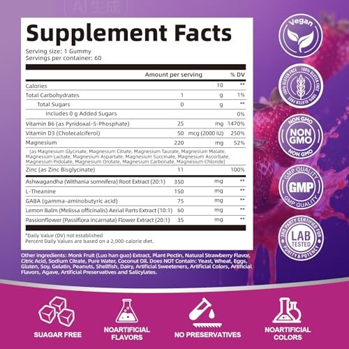 Migcopat Magnesium Komplex Gummis, 20-in-1 Magnesium Gummy mit Glycinat, Citrat, Malat, Taurat – Ashwagandha, L-Theanin, D3 & Zink für Entspannung, Schlaf, Muskel- und Herzunterstützung, Erdbeer, 60 Stück