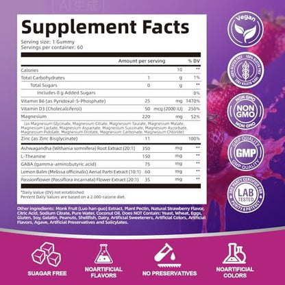 Migcopat Magnesium Komplex Gummis, 20-in-1 Magnesium Gummy mit Glycinat, Citrat, Malat, Taurat – Ashwagandha, L-Theanin, D3 & Zink für Entspannung, Schlaf, Muskel- und Herzunterstützung, Erdbeer, 60 Stück