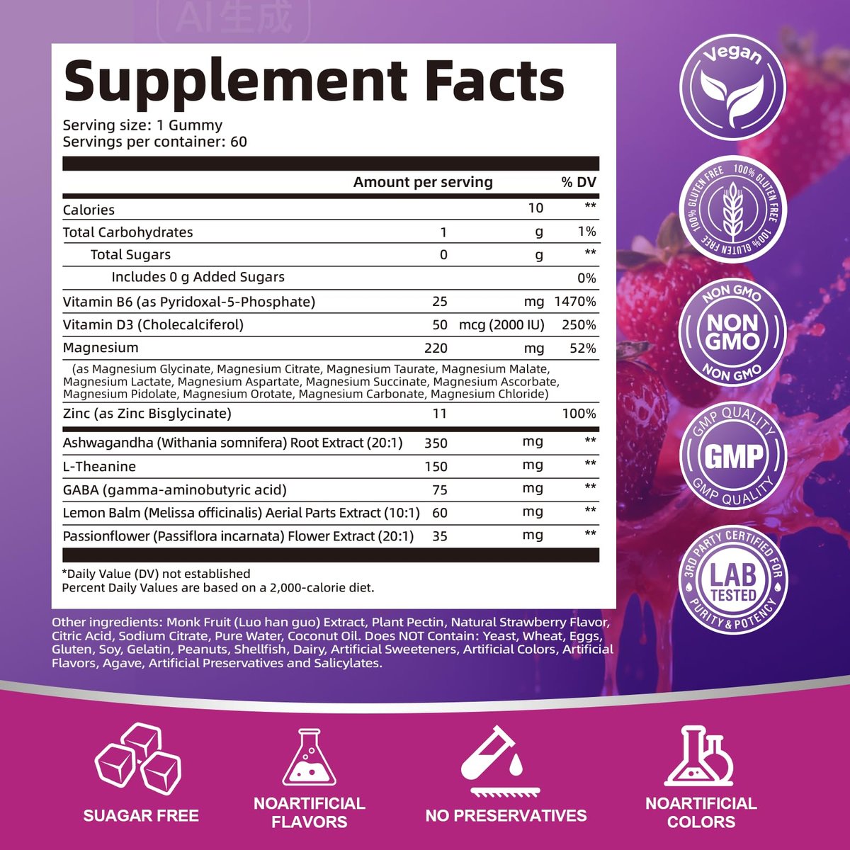 Migcopat Magnesium Komplex Gummis, 20-in-1 Magnesium Gummy mit Glycinat, Citrat, Malat, Taurat – Ashwagandha, L-Theanin, D3 & Zink für Entspannung, Schlaf, Muskel- und Herzunterstützung, Erdbeer, 60 Stück