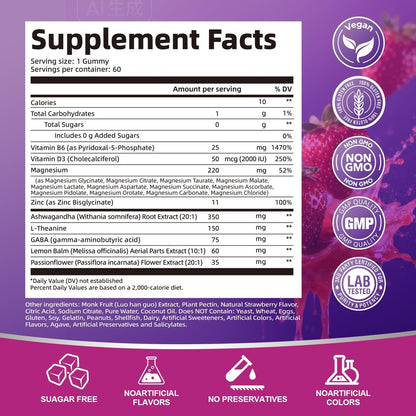 Migcopat Magnesium Komplex Gummis, 20-in-1 Magnesium Gummy mit Glycinat, Citrat, Malat, Taurat – Ashwagandha, L-Theanin, D3 & Zink für Entspannung, Schlaf, Muskel- und Herzunterstützung, Erdbeer, 60 Stück