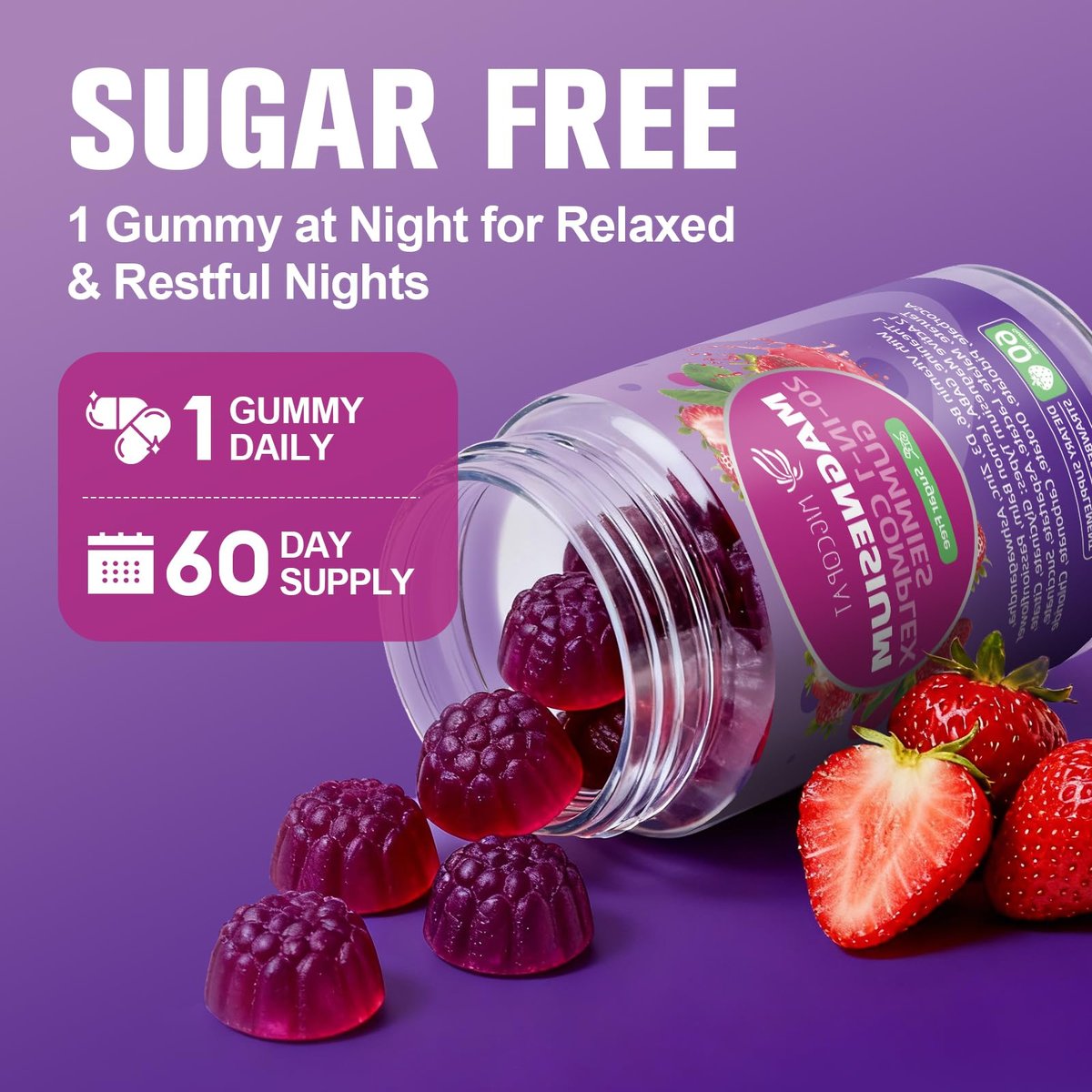 Migcopat Magnesium Komplex Gummis, 20-in-1 Magnesium Gummy mit Glycinat, Citrat, Malat, Taurat – Ashwagandha, L-Theanin, D3 & Zink für Entspannung, Schlaf, Muskel- und Herzunterstützung, Erdbeer, 60 Stück