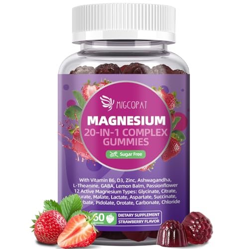 Migcopat Magnesium Komplex Gummis, 20-in-1 Magnesium Gummy mit Glycinat, Citrat, Malat, Taurat – Ashwagandha, L-Theanin, D3 & Zink für Entspannung, Schlaf, Muskel- und Herzunterstützung, Erdbeer, 60 Stück