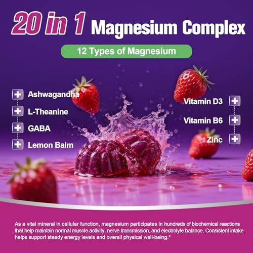 Migcopat Magnesium Komplex Gummis, 20-in-1 Magnesium Gummy mit Glycinat, Citrat, Malat, Taurat – Ashwagandha, L-Theanin, D3 & Zink für Entspannung, Schlaf, Muskel- und Herzunterstützung, Erdbeer, 60 Stück
