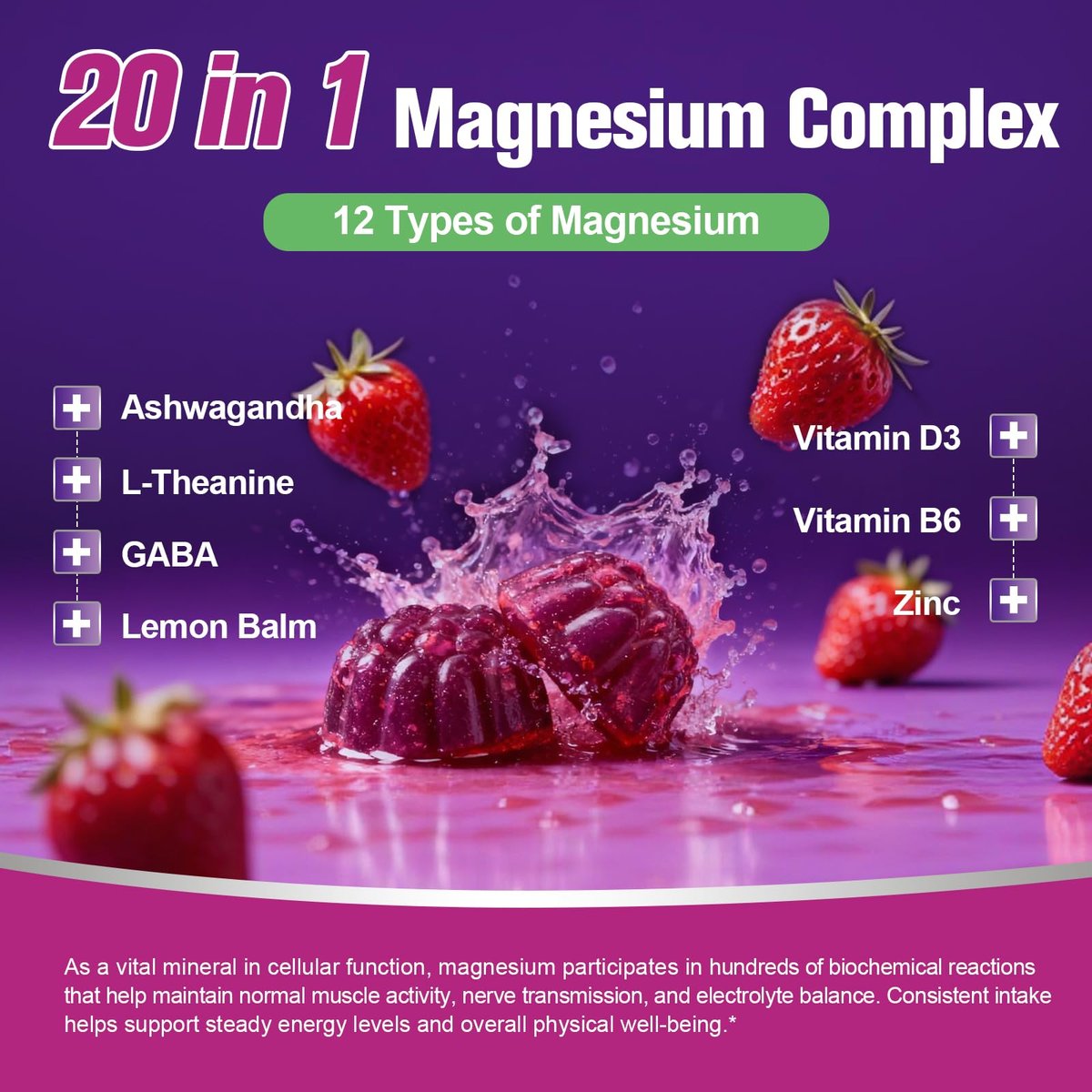 Migcopat Magnesium Komplex Gummis, 20-in-1 Magnesium Gummy mit Glycinat, Citrat, Malat, Taurat – Ashwagandha, L-Theanin, D3 & Zink für Entspannung, Schlaf, Muskel- und Herzunterstützung, Erdbeer, 60 Stück
