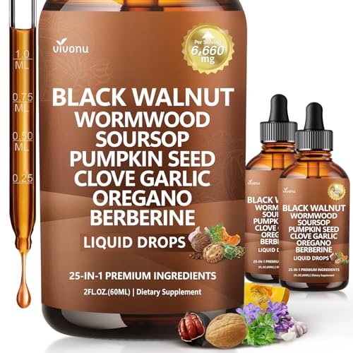 25-in-1 Liposomale Schwarzwalnuss-Wermut-Nelken-Tinktur, Reinigung für Menschen, Tropfenflüssigkeit, Lymphunterstützung mit Knoblauch, Königskerze, Soursop, Kürbiskernen, Berberin, Kurkuma, Echinacea, Zimt – 2 Flaschen