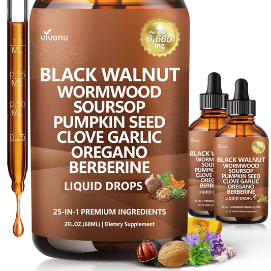 25-in-1 Liposomale Schwarzwalnuss-Wermut-Nelken-Tinktur, Reinigung für Menschen, Tropfenflüssigkeit, Lymphunterstützung mit Knoblauch, Königskerze, Soursop, Kürbiskernen, Berberin, Kurkuma, Echinacea, Zimt – 2 Flaschen