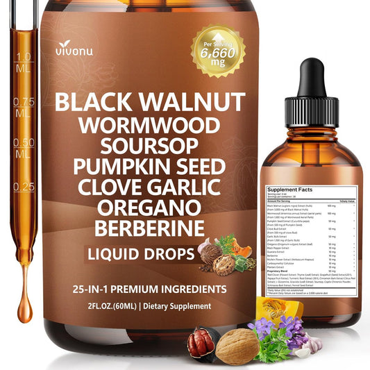 25-in-1 Liposomale Schwarzwalnuss Wurmholz Nelken Tinktur, Darmreinigung für Menschen, Tropfenflüssigkeit, Lymphunterstützung mit Knoblauch, Königskerze, Soursop, Kürbiskern, Berberin, Kurkuma, Echinacea, Zimt