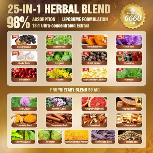 25-in-1 Liposomale Schwarzwalnuss Wurmholz Nelken Tinktur, Darmreinigung für Menschen, Tropfenflüssigkeit, Lymphunterstützung mit Knoblauch, Königskerze, Soursop, Kürbiskern, Berberin, Kurkuma, Echinacea, Zimt