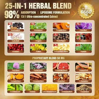 25-in-1 Liposomale Schwarzwalnuss Wurmholz Nelken Tinktur, Darmreinigung für Menschen, Tropfenflüssigkeit, Lymphunterstützung mit Knoblauch, Königskerze, Soursop, Kürbiskern, Berberin, Kurkuma, Echinacea, Zimt