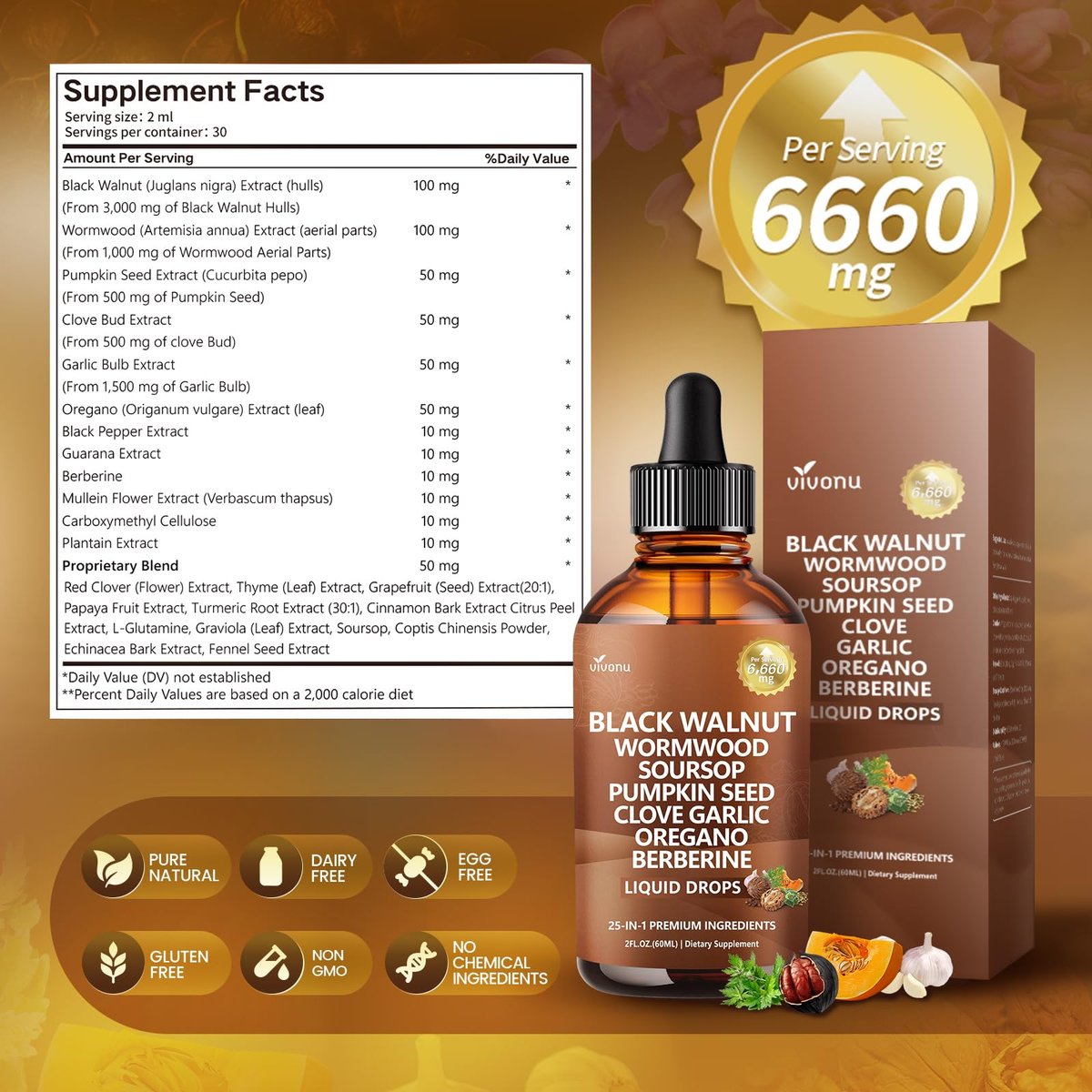 25-in-1 Liposomale Schwarzwalnuss Wurmholz Nelken Tinktur, Darmreinigung für Menschen, Tropfenflüssigkeit, Lymphunterstützung mit Knoblauch, Königskerze, Soursop, Kürbiskern, Berberin, Kurkuma, Echinacea, Zimt