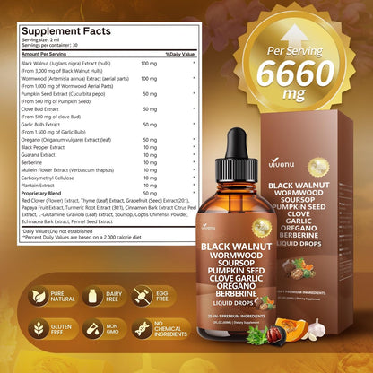 25-in-1 Liposomale Schwarzwalnuss Wurmholz Nelken Tinktur, Darmreinigung für Menschen, Tropfenflüssigkeit, Lymphunterstützung mit Knoblauch, Königskerze, Soursop, Kürbiskern, Berberin, Kurkuma, Echinacea, Zimt