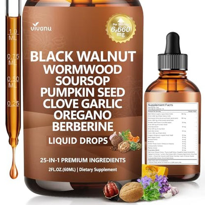 25-in-1 Liposomale Schwarzwalnuss Wurmholz Nelken Tinktur, Darmreinigung für Menschen, Tropfenflüssigkeit, Lymphunterstützung mit Knoblauch, Königskerze, Soursop, Kürbiskern, Berberin, Kurkuma, Echinacea, Zimt