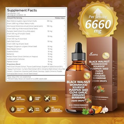 25-in-1 Liposomale Schwarzwalnuss Wurmholz Nelken Tinktur, Darmreinigung für Menschen, Tropfenflüssigkeit, Lymphunterstützung mit Knoblauch, Königskerze, Soursop, Kürbiskern, Berberin, Kurkuma, Echinacea, Zimt
