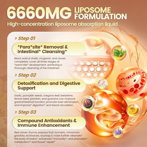 25-in-1 Liposomale Schwarzwalnuss Wurmholz Nelken Tinktur, Darmreinigung für Menschen, Tropfenflüssigkeit, Lymphunterstützung mit Knoblauch, Königskerze, Soursop, Kürbiskern, Berberin, Kurkuma, Echinacea, Zimt