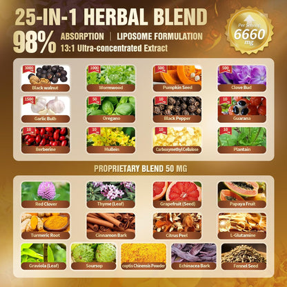 25-in-1 Liposomale Schwarzwalnuss Wurmholz Nelken Tinktur, Darmreinigung für Menschen, Tropfenflüssigkeit, Lymphunterstützung mit Knoblauch, Königskerze, Soursop, Kürbiskern, Berberin, Kurkuma, Echinacea, Zimt
