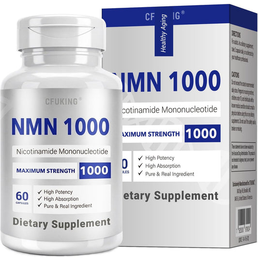 CFUKING NMN 1000mg pro Portion - Höchste Reinheit 99% - Nicotinamid-Mononukleotid für NAD+, Zellen, Immunsystem, Energie, Anti-Aging & Langlebigkeit - Stabilisierte NMN Kapseln 1000mg - 60 vegane Kapseln