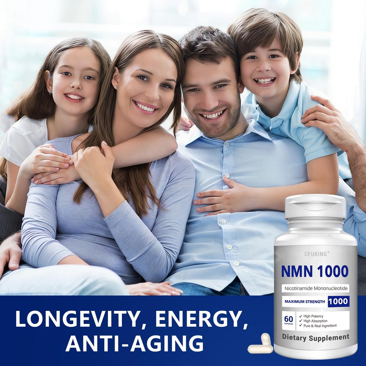 CFUKING NMN 1000mg pro Portion - Höchste Reinheit 99% - Nicotinamid-Mononukleotid für NAD+, Zellen, Immunsystem, Energie, Anti-Aging & Langlebigkeit - Stabilisierte NMN Kapseln 1000mg - 60 vegane Kapseln