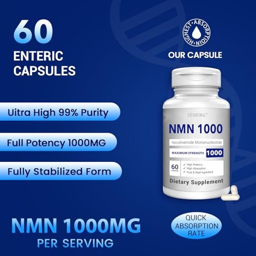 CFUKING NMN 1000mg pro Portion - Höchste Reinheit 99% - Nicotinamid-Mononukleotid für NAD+, Zellen, Immunsystem, Energie, Anti-Aging & Langlebigkeit - Stabilisierte NMN Kapseln 1000mg - 60 vegane Kapseln