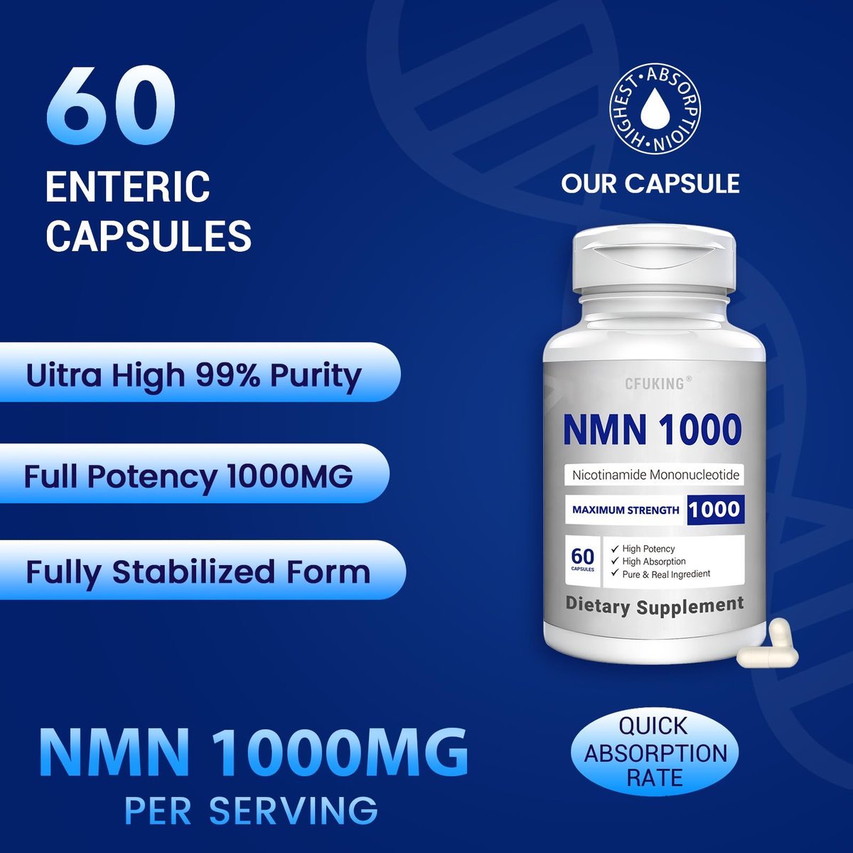 CFUKING NMN 1000mg pro Portion - Höchste Reinheit 99% - Nicotinamid-Mononukleotid für NAD+, Zellen, Immunsystem, Energie, Anti-Aging & Langlebigkeit - Stabilisierte NMN Kapseln 1000mg - 60 vegane Kapseln