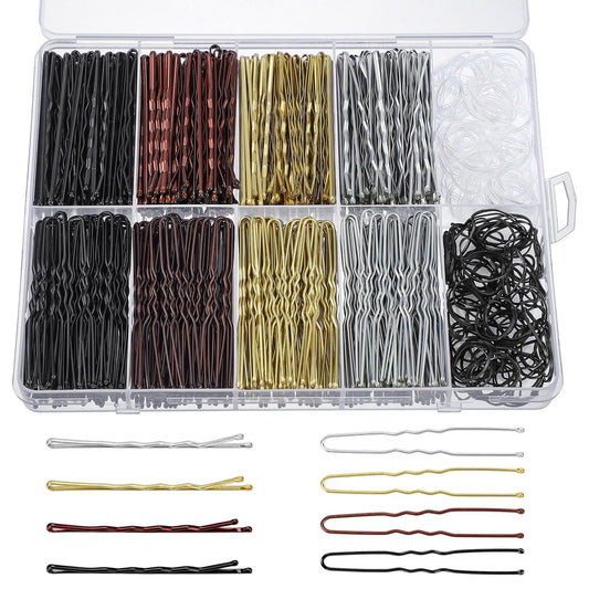 600er Pack Haarnadeln, 4 Farben Haarklammern für Damen, Dutt Hochzeit Styling, 6 cm U-förmige & Bobby Pins mit Aufbewahrungsbox und kleinen Haargummis (Schwarz, Braun, Blond, Silber)