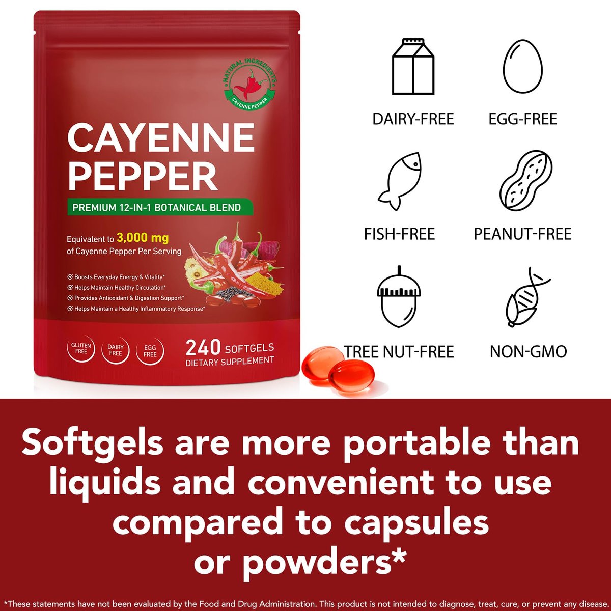 Cayenne-Pfeffer-Kapseln mit Capsaicin, Vitamin E D3 K2, Traubenkern-, Rote-Bete- und Curcuma-Extrakt – 240 Softgel-Kapseln zur Unterstützung von Venen, Herz und Durchblutung
