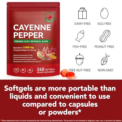Cayenne-Pfeffer-Kapseln mit Capsaicin, Vitamin E D3 K2, Traubenkern-, Rote-Bete- und Curcuma-Extrakt – 240 Softgel-Kapseln zur Unterstützung von Venen, Herz und Durchblutung
