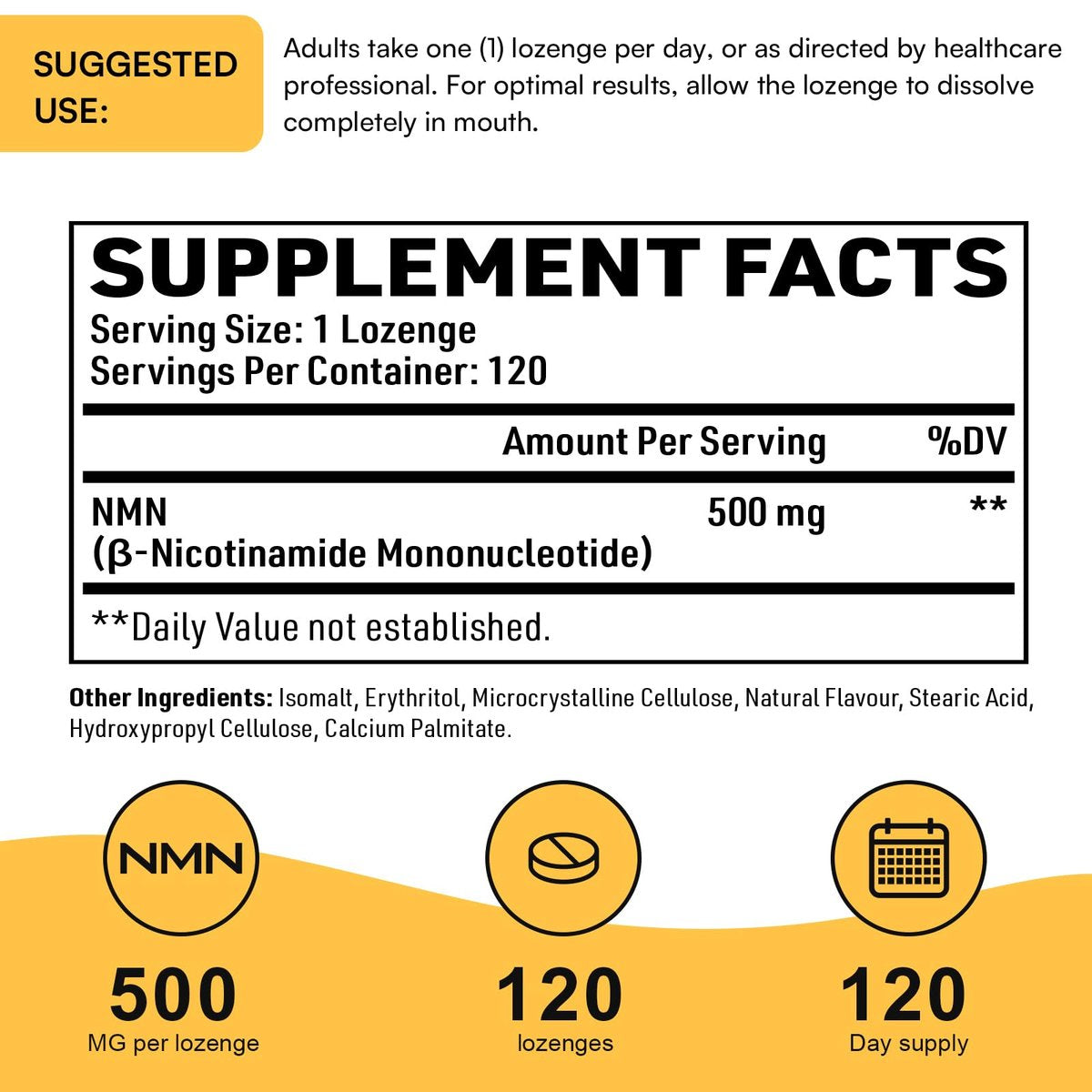 Sublinguales NMN 500 mg – Höchste Aufnahme & schnell wirkend, 120 Lutschtabletten (120-Tage-Vorrat), 99 % reines NMN (Nicotinamid-Mononukleotid) für NAD+, Zellen, Immunsystem, Energie, Muskeln, Anti-Aging, Langlebigkeit