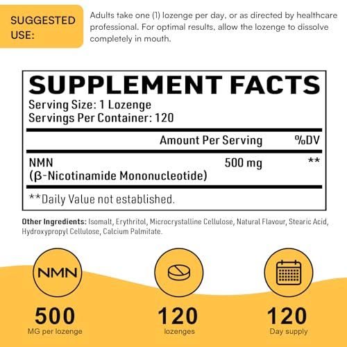 Sublinguales NMN 500 mg – Höchste Aufnahme & schnell wirkend, 120 Lutschtabletten (120-Tage-Vorrat), 99 % reines NMN (Nicotinamid-Mononukleotid) für NAD+, Zellen, Immunsystem, Energie, Muskeln, Anti-Aging, Langlebigkeit