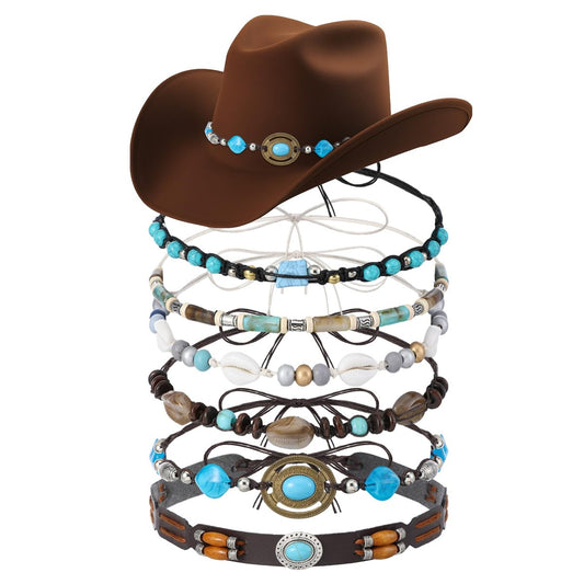 APLZGMG 6-teiliges Cowboy-Hutband, verstellbare Cowboy-Hutbänder im ethnischen Stil mit türkisen Perlen für Damen und Herren, Western-Hutbänder für Dekoration und Accessoire
