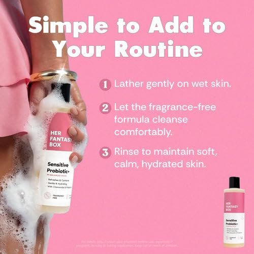 Her Fantasy Box Sensitive Probiotischer+ Sanfter Reiniger – Duftfrei, pH-ausgeglichenes Körperwaschgel mit Kamille & Probiotischen Lysaten, Vegan & Tierversuchsfrei, 237 ml