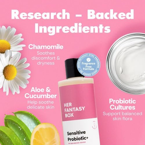 Her Fantasy Box Sensitive Probiotischer+ Sanfter Reiniger – Duftfrei, pH-ausgeglichenes Körperwaschgel mit Kamille & Probiotischen Lysaten, Vegan & Tierversuchsfrei, 237 ml