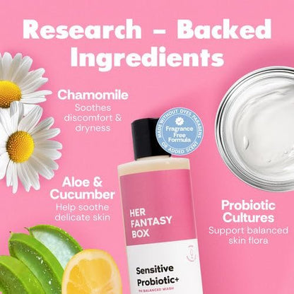 Her Fantasy Box Sensitive Probiotischer+ Sanfter Reiniger – Duftfrei, pH-ausgeglichenes Körperwaschgel mit Kamille & Probiotischen Lysaten, Vegan & Tierversuchsfrei, 237 ml