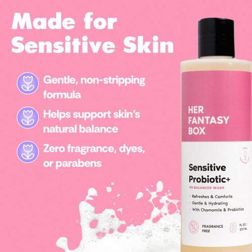 Her Fantasy Box Sensitive Probiotischer+ Sanfter Reiniger – Duftfrei, pH-ausgeglichenes Körperwaschgel mit Kamille & Probiotischen Lysaten, Vegan & Tierversuchsfrei, 237 ml