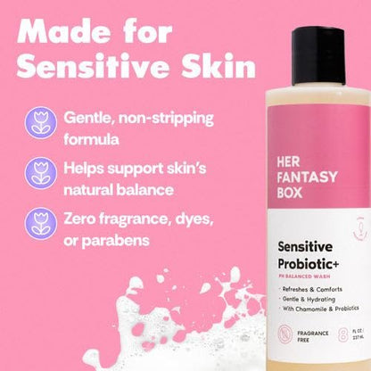 Her Fantasy Box Sensitive Probiotischer+ Sanfter Reiniger – Duftfrei, pH-ausgeglichenes Körperwaschgel mit Kamille & Probiotischen Lysaten, Vegan & Tierversuchsfrei, 237 ml