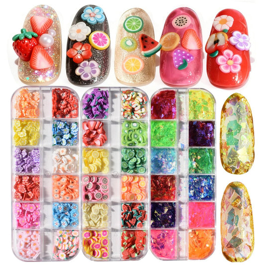 2 Boxen Kristall-Massee Clay Streifen Blumen Fruchtscheiben, 1 Box Holografischer Nagelkunst-Glitter Irideszierende Flocken Farbverlauf Helle Eissplitter Nagelsequins Pailletten Sommer Nagelkunst-Dekoration