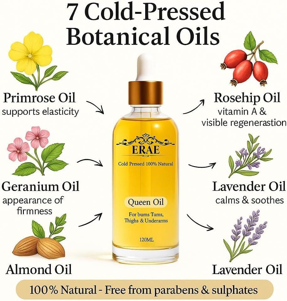 ERAE Queen Body Oil – Kaltgepresste botanische Mischung für hydratisierte & straff aussehende Haut, leichtes, schnell einziehendes Körperöl für Arme, Beine & Bauch