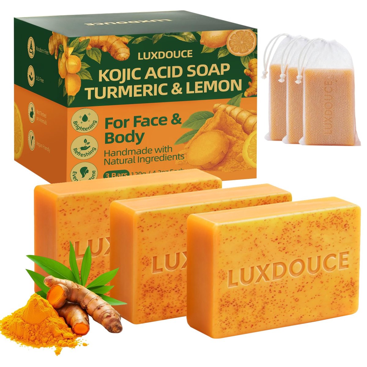 LUXDOUCE Kojic Acid Seife gegen dunkle Flecken – Kurkuma & Zitronen-Hautaufhellungsseife für Gesicht und Körper, Pflege bei ungleichmäßigem Hautton & tägliche Reinigung, 3 Stück (120 g / 4,23 oz pro Stück)