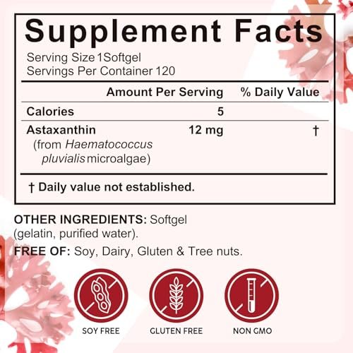 Xaarty Premium Astaxanthin 12 mg – Natürliches Antioxidans für Augen-, Gelenk- und Hautgesundheit, Mikroalgen-Quelle, 4-Monats-Vorrat, 120 Weichkapseln