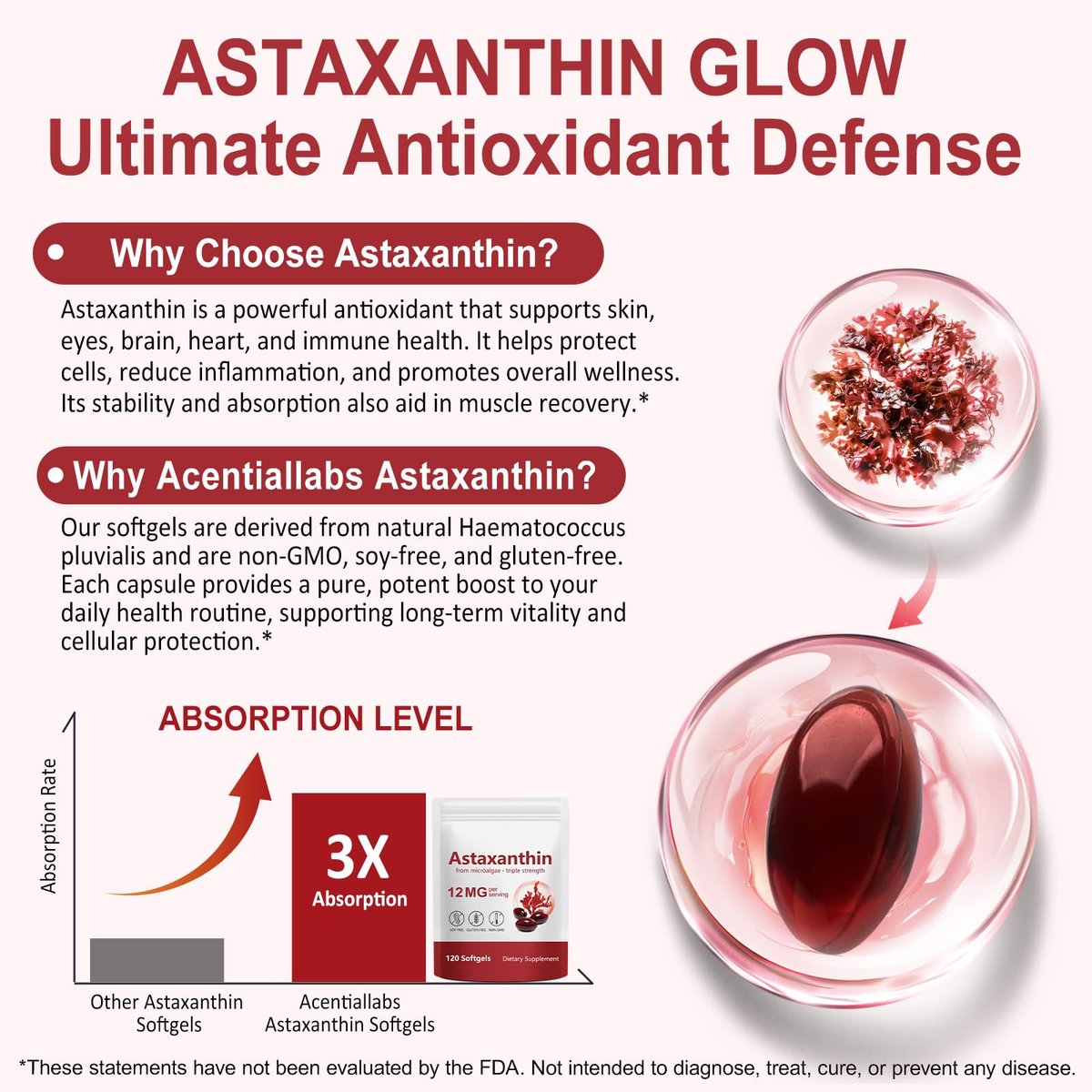 Xaarty Premium Astaxanthin 12 mg – Natürliches Antioxidans für Augen-, Gelenk- und Hautgesundheit, Mikroalgen-Quelle, 4-Monats-Vorrat, 120 Weichkapseln