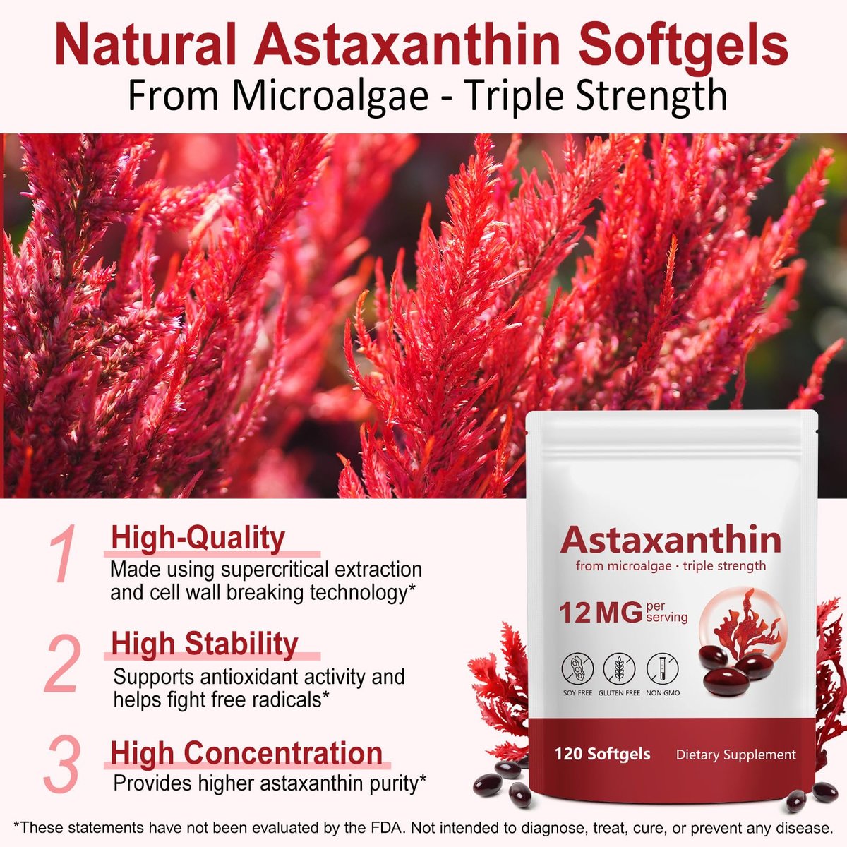 Xaarty Premium Astaxanthin 12 mg – Natürliches Antioxidans für Augen-, Gelenk- und Hautgesundheit, Mikroalgen-Quelle, 4-Monats-Vorrat, 120 Weichkapseln